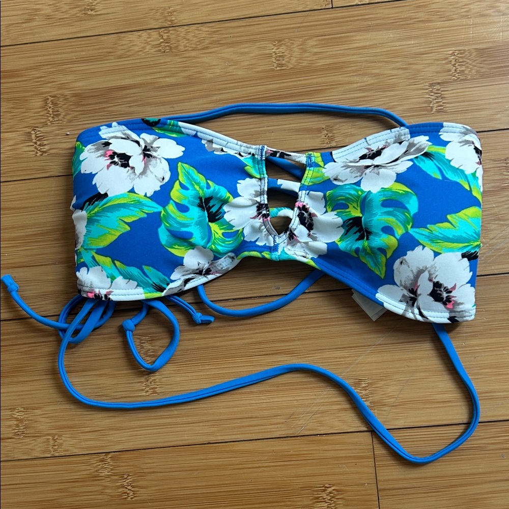 Hollister Blue Floral Bandeau Swim Top with Green Leaf Accents
